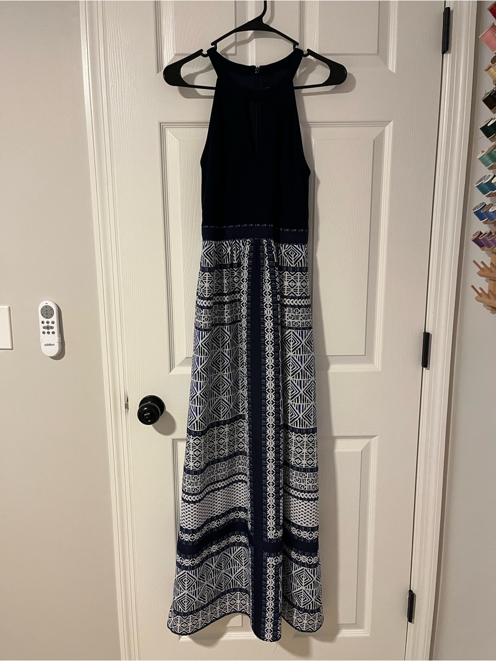 Vince Camuto Navy and White Printed Halter Maxi Dress